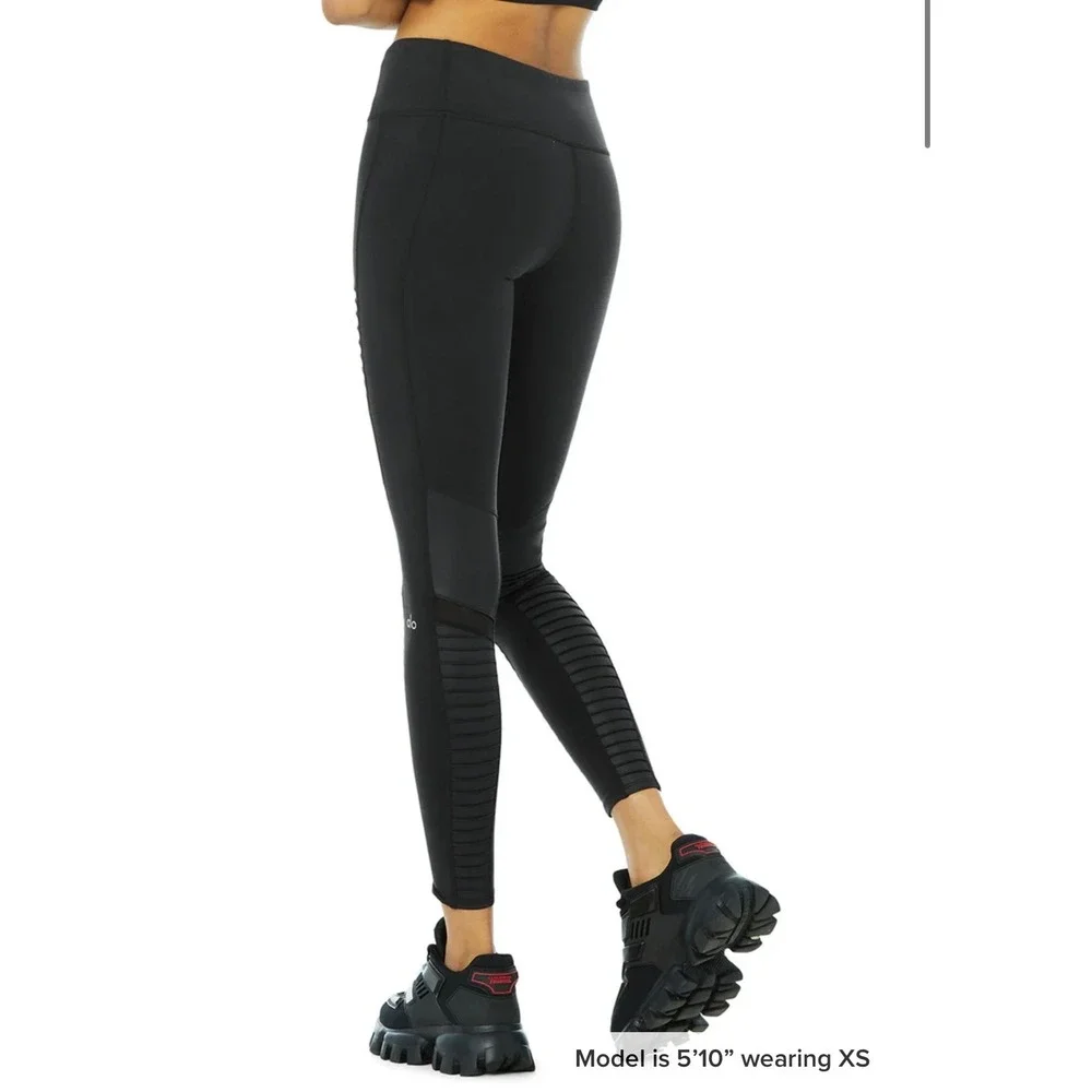 Alo Yoga High-Waist Moto Leggings S Black Glossy Quilted Mesh Activewear